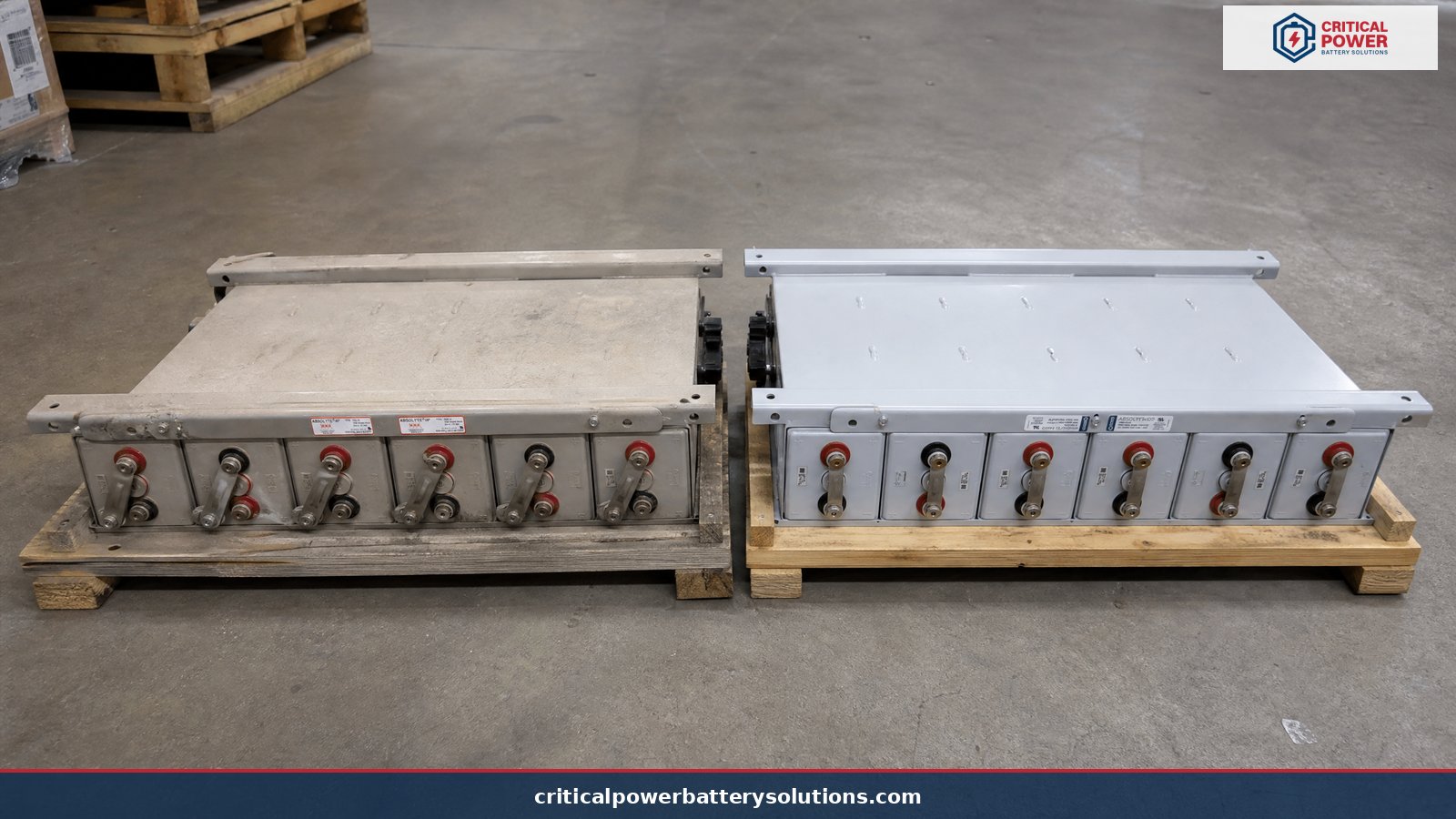 Like for like replacement: Exide era Absolyte module and its Stryten Absolyte AGP successor Aged GNB era Absolyte module beside a new Stryten Absolyte AGP module, the like for like exide absolyte battery replacement