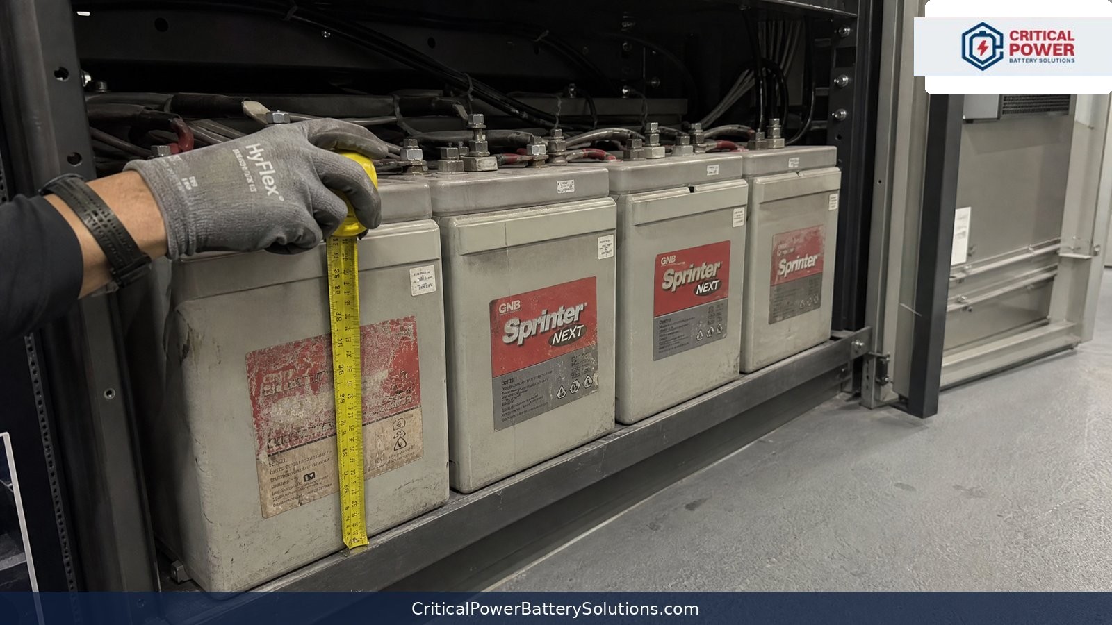 Technician measuring a legacy Sprinter block with a worn label inside an open UPS battery cabinet