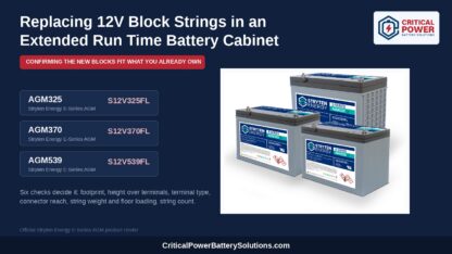 Stryten Energy E-Series AGM325, AGM370 and AGM539 blocks with their S12V325FL, S12V370FL and S12V539FL part numbers, for extended run time battery cabinet replacement