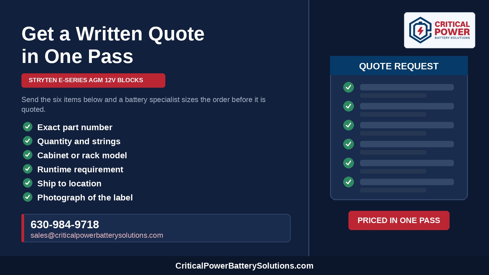 Branded card listing the six items to send for a Stryten E-Series AGM battery quote with the CPBS phone number and sales email address